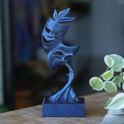 Alternate image for Signed Blue Resin Sculpture of Theater Masks Tree of Culture
