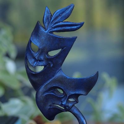 Alternate image for Signed Blue Resin Sculpture of Theater Masks Tree of Culture