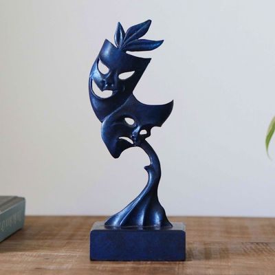 Alternate image for Signed Blue Resin Sculpture of Theater Masks Tree of Culture