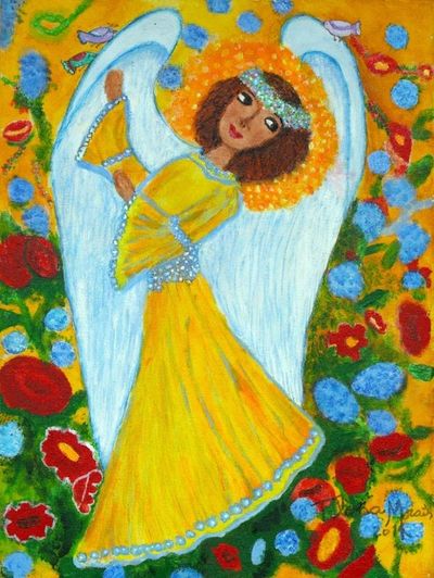 Alternate image for Brazil Signed Original Naif Painting of an Angel in Yellow The Angel of Balance