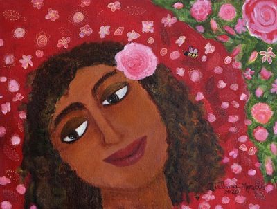 Alternate image for Original Naif Painting of a Girl with a Bee and Roses Bee Amid the Roses