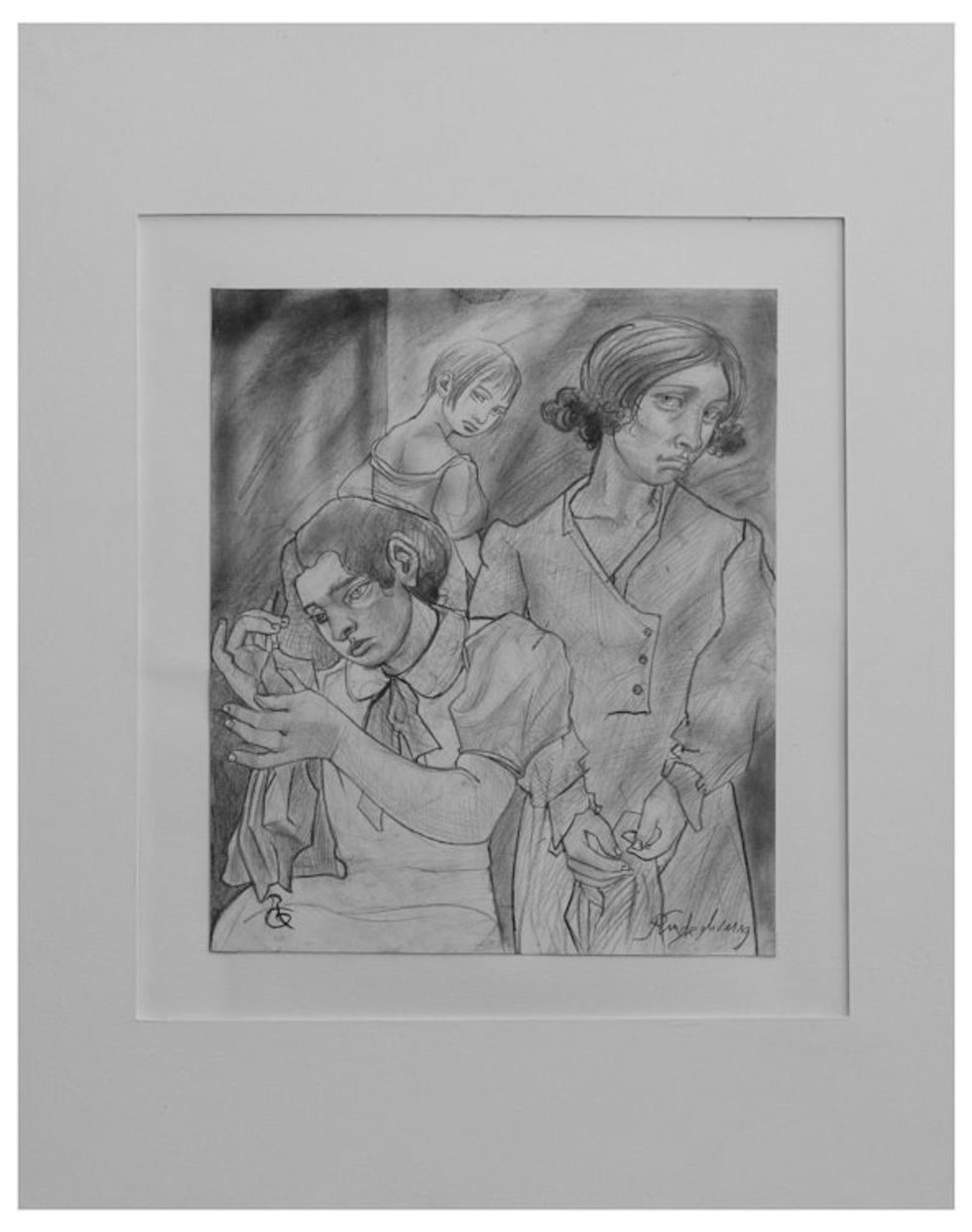 Signed Charcoal Drawing of Seamstresses from Brazil 'The Seamstresses'