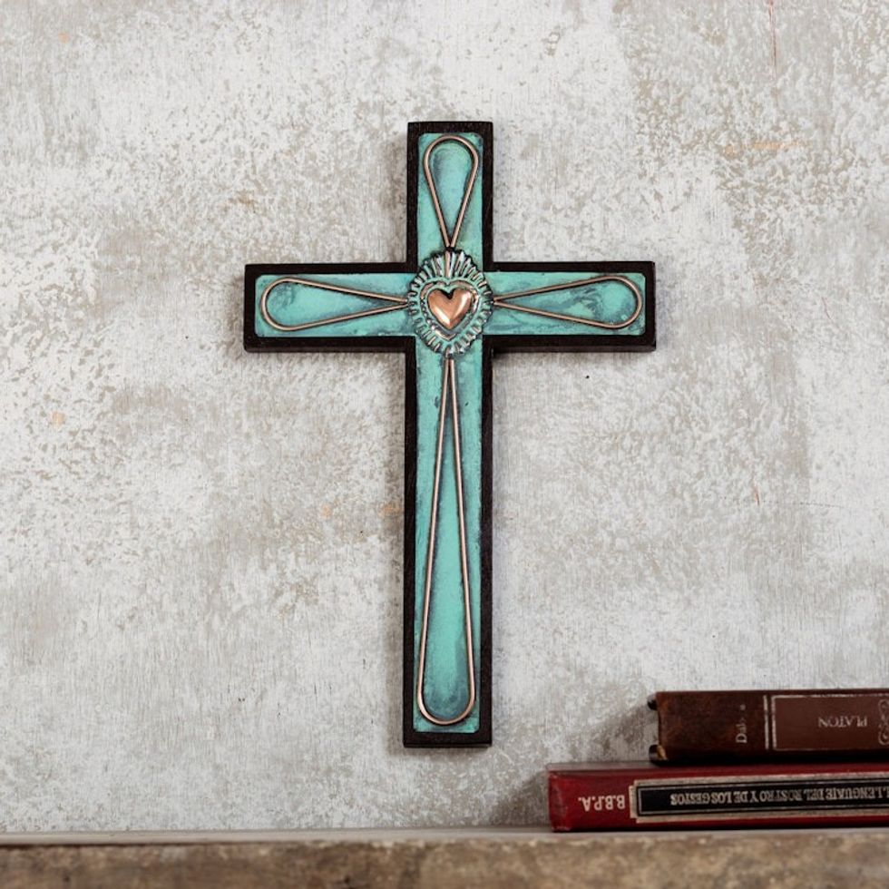 Wood Cross for Wall with Copper and Bronze Accents from Peru 'Cross and Heart'