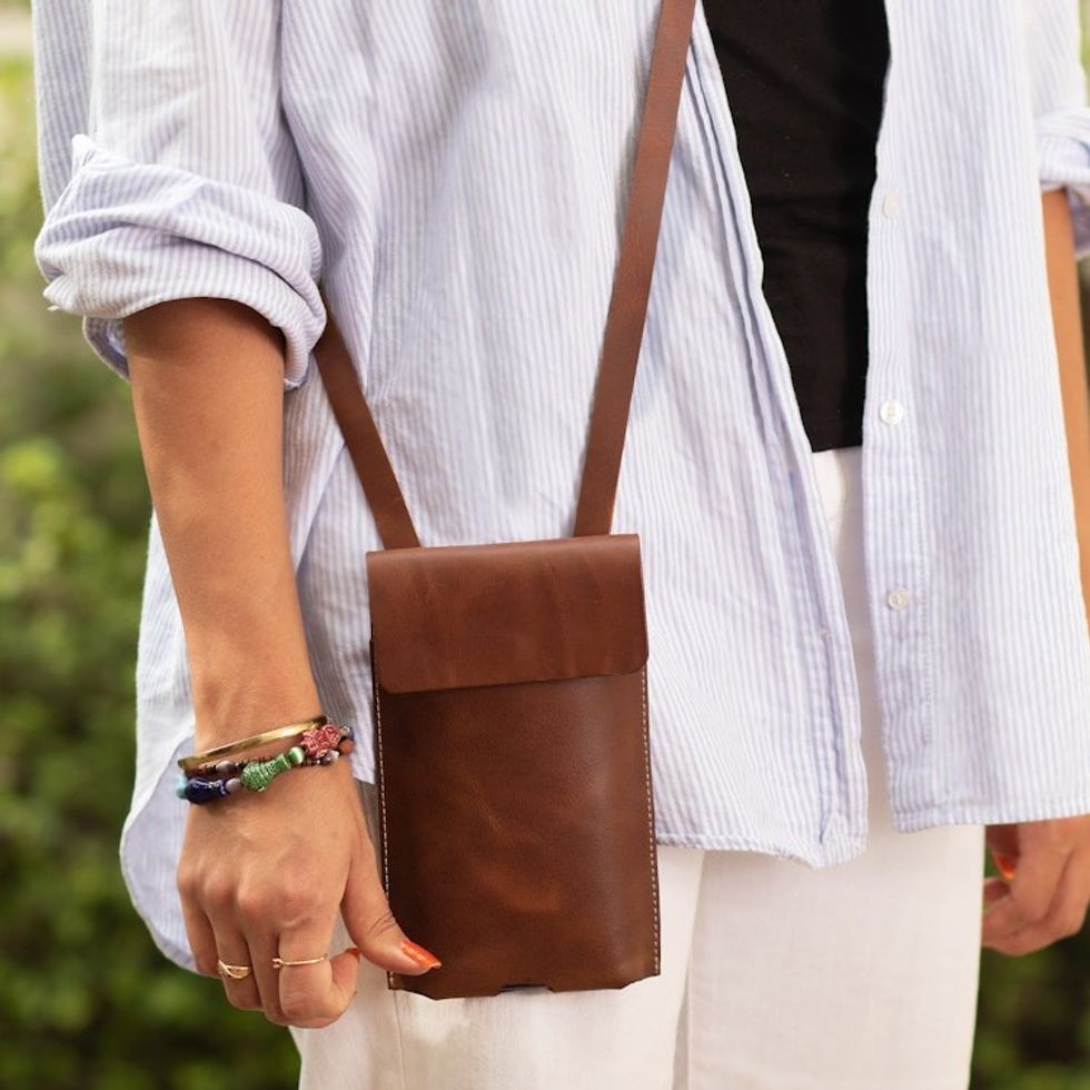 Brown Leather Cellphone Wallet with Adjustable Strap 'Classical Avant-Garde'