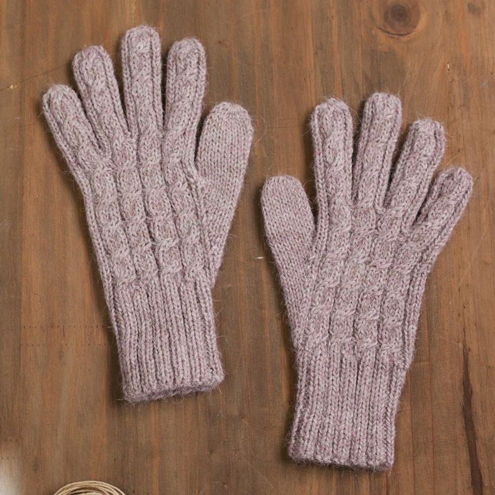 Cable Knit 100 Alpaca Gloves in Light Mauve from Peru 'Pretty in Pink Gloves '