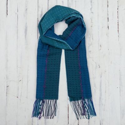 Alternate image for Teal Patterned Baby Alpaca Blend Scarf Peacock Path