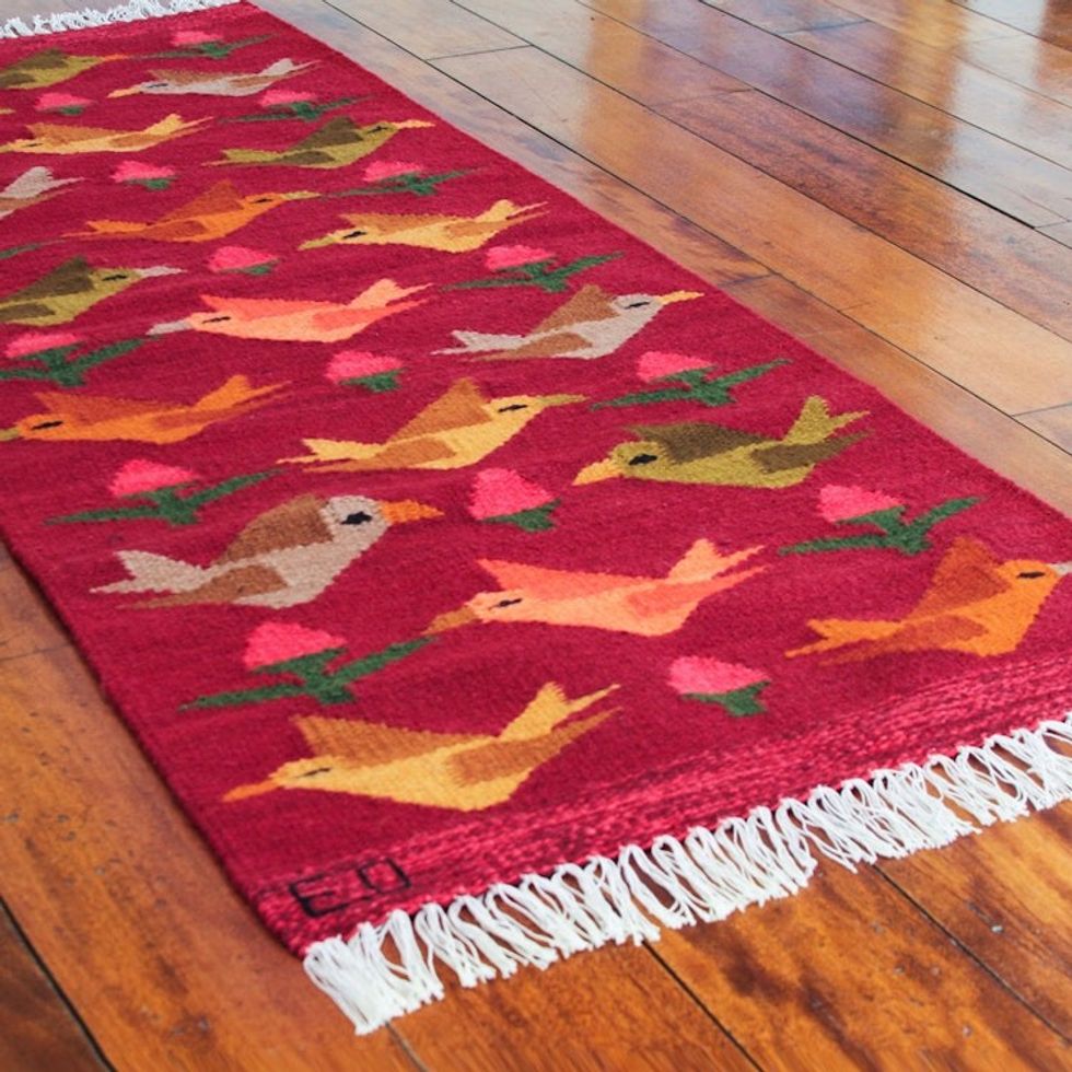 Peruvian Handwoven Red Wool Rug with Birds 2x5 'Red Birds on the Wing'