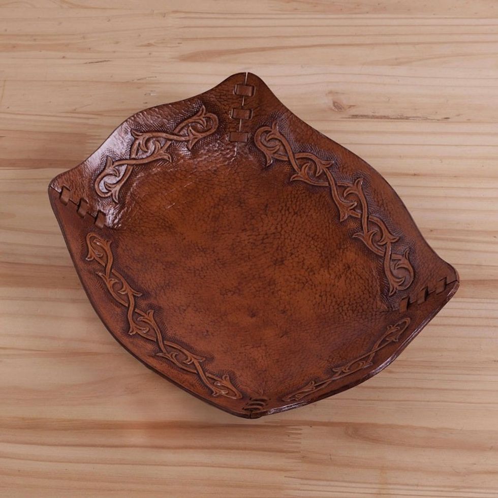 Peruvian Handcrafted Tooled Leather Andean Catchall 'Bramblebush'