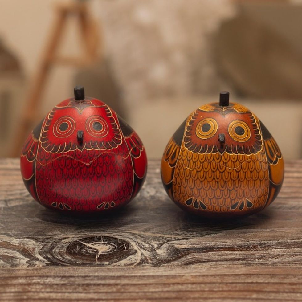 Decorative Owl Figures of Dried Mate Gourds from Peru Pair 'Fortunate Owls'