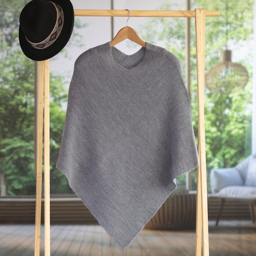 Knit Grey 100 Alpaca Poncho from Peru 'Enchanted Evening in Smoke'