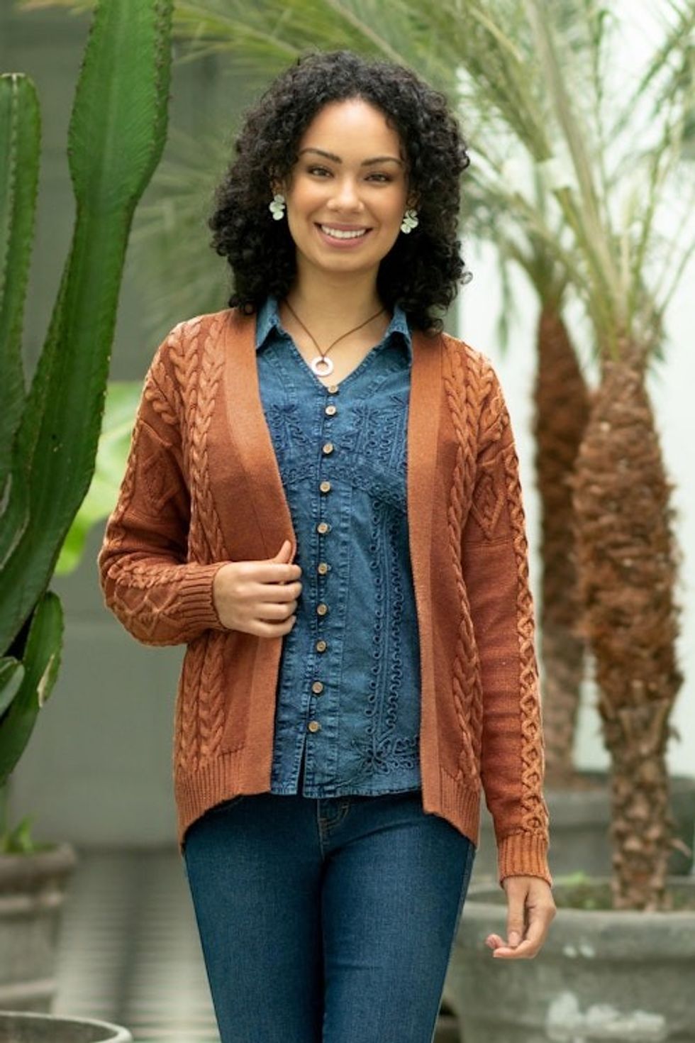 Eco Friendly Cable Knit Open Front Deep Orange Cardigan 'Ginger Cable Classic'