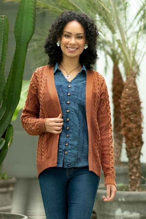 Alternate image for Eco Friendly Cable Knit Open Front Deep Orange Cardigan Ginger Cable Classic