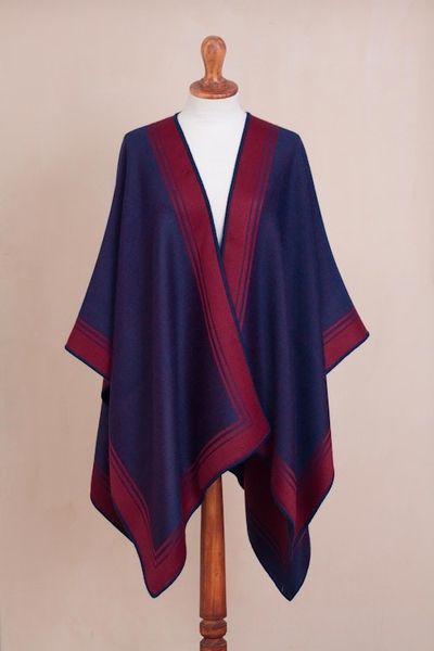 Alternate image for Reversible Alpaca Blend Ruana in Indigo and Wine Delightful Fantasy in Indigo