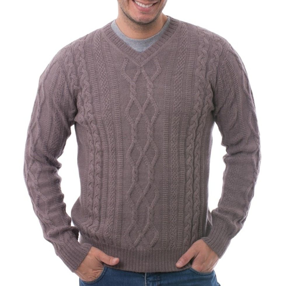 Men's Knit 100 Alpaca Pullover in Dusty Lavender from Peru 'Dusty Lavender Style'