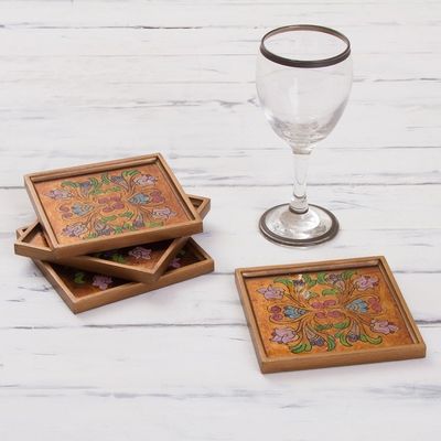 Alternate image for Reverse Painted Glass Floral Coasters from Peru Set of 4 Floral Gold