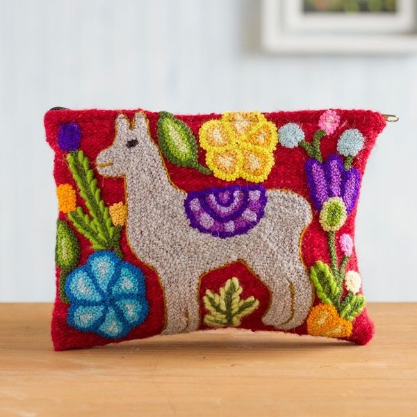 Alternate image for Llama-Themed Embroidered Wool Clutch in Pearl Grey Llama Glam in Pearl Grey