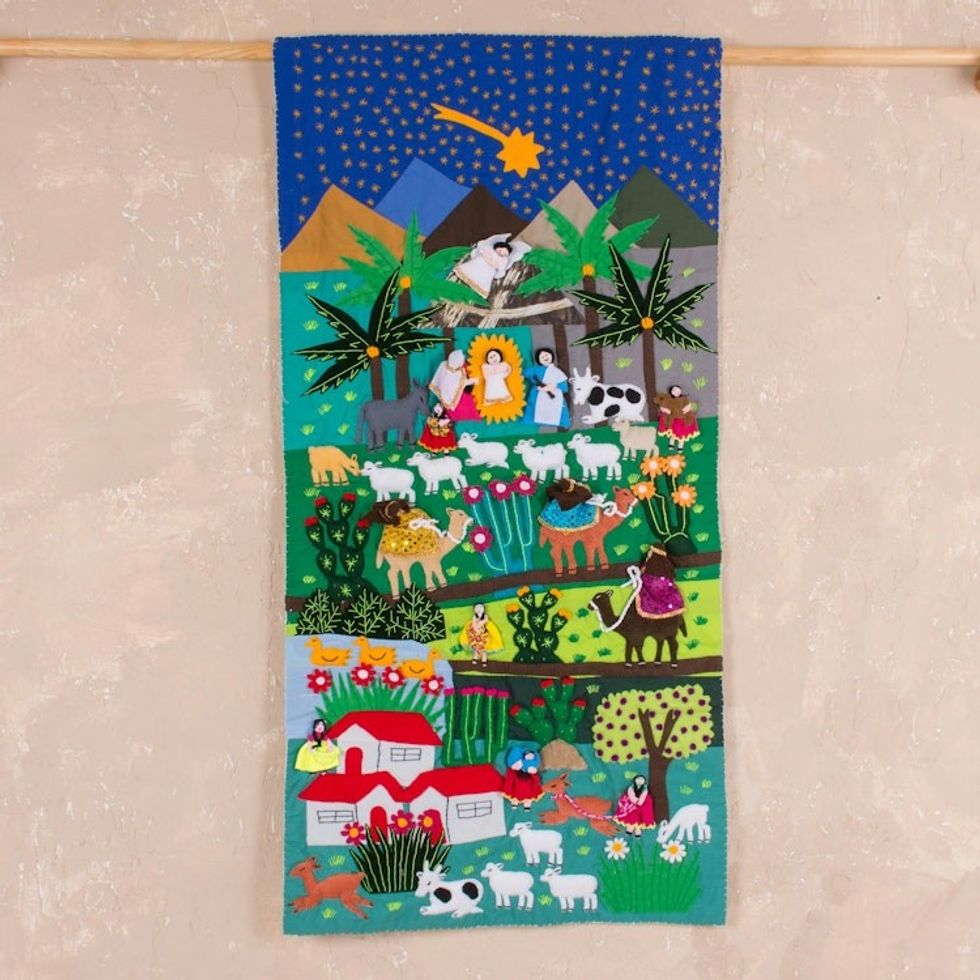 Hand Crafted Religious Applique Tapestry Wall Hanging 'Nativity Scene'