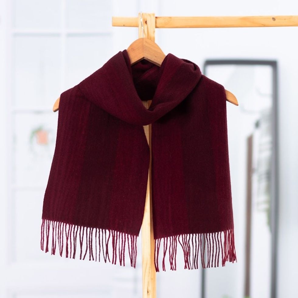 Burgundy  Red 100 Alpaca Fringed Scarf Hand-Woven in Peru 'Chic Burgundy'