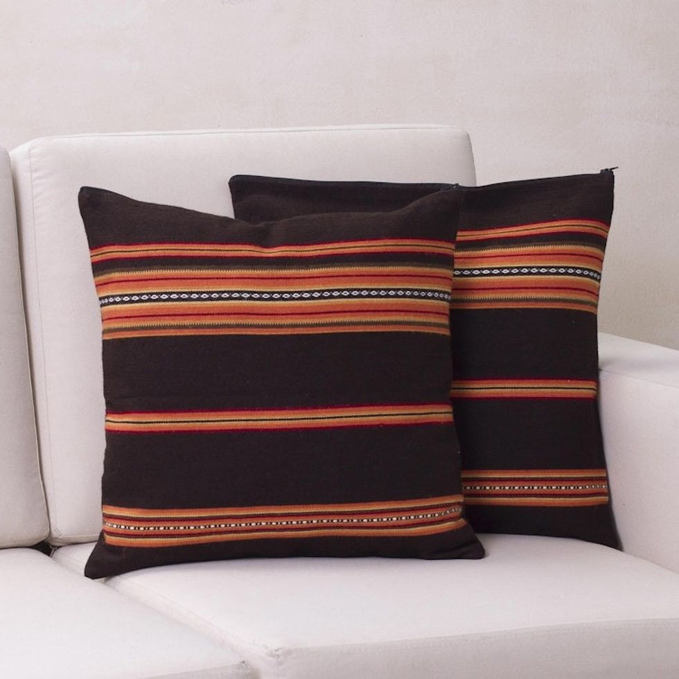 Handwoven Brown and Orange Cushion Covers Pair 'Quechua Girl'