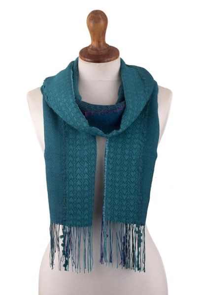 Alternate image for Teal Patterned Baby Alpaca Blend Scarf Peacock Path