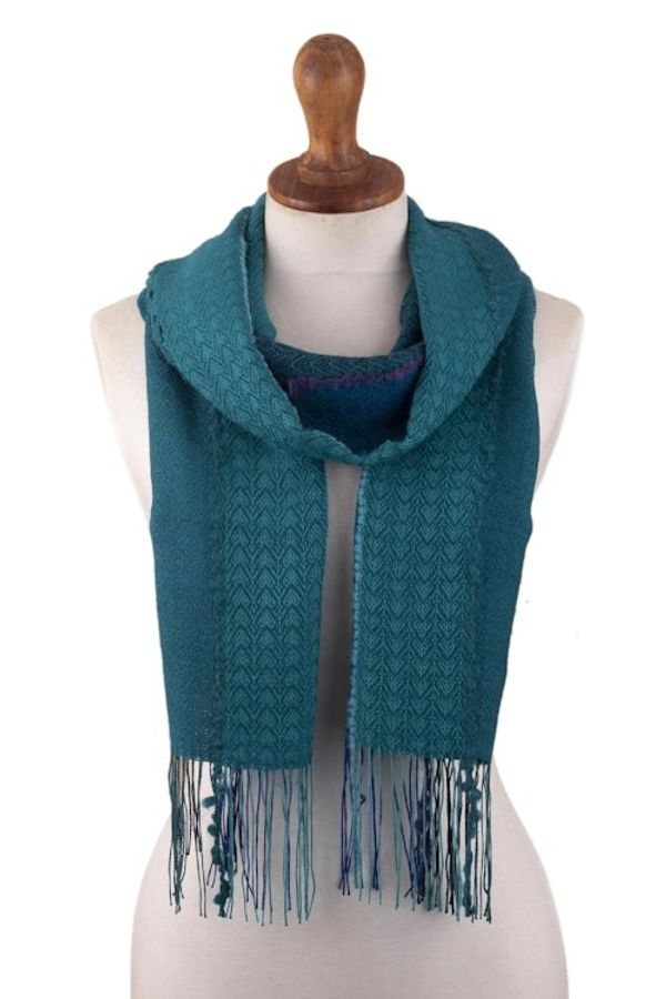 Alternate image for Teal Patterned Baby Alpaca Blend Scarf Peacock Path