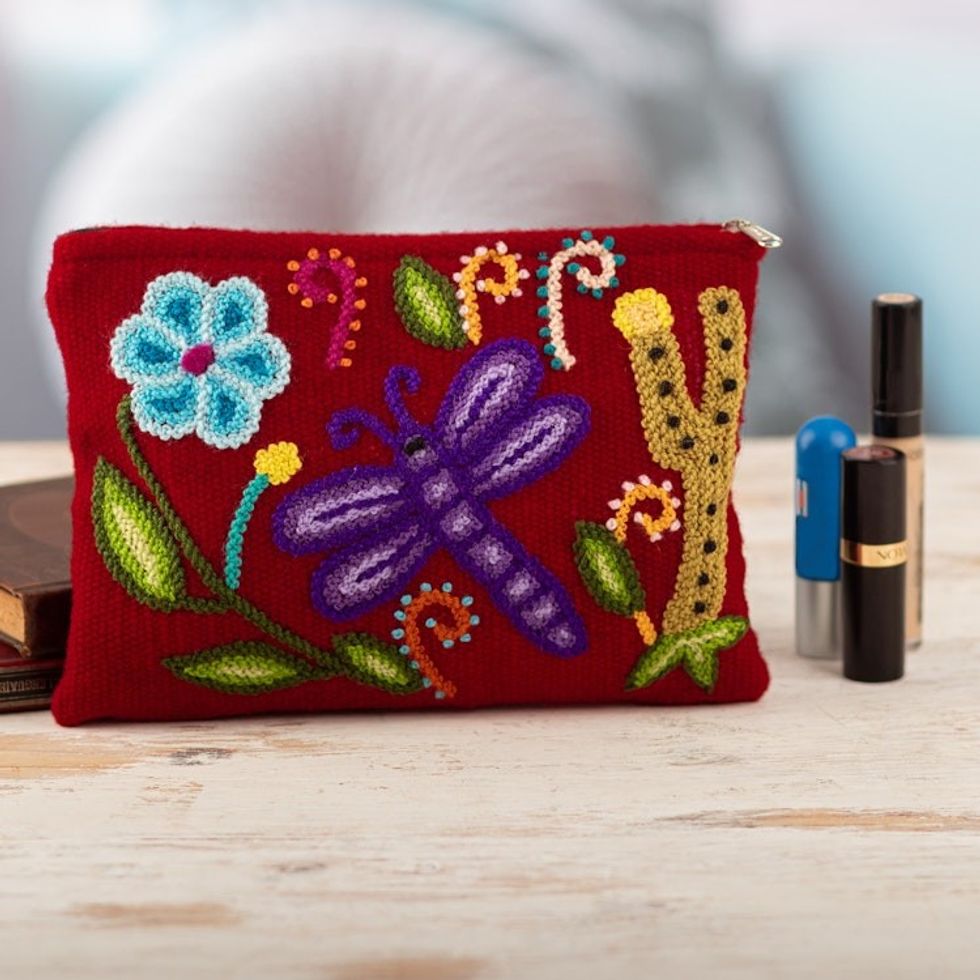 Hand-Woven Hand-Embroidered Wool Cosmetic Bag with Dragonfly 'Andean Dragonfly'