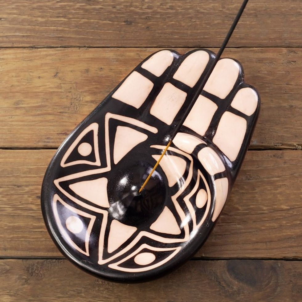 Handmade Black  White Hamsa Amulet Ceramic Incense Holder 'Black  White Hamsa'