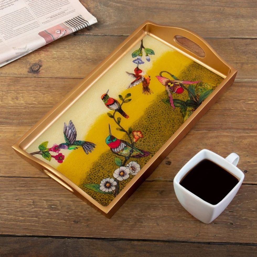 Nature-Themed Reverse-Painted Glass Tray in Warm Hues 'Joy at Sunset'