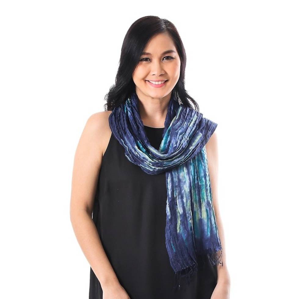 Blue and Green Tie-Dyed Silk Fringed Scarf from Thailand 'Impressionist Sea'