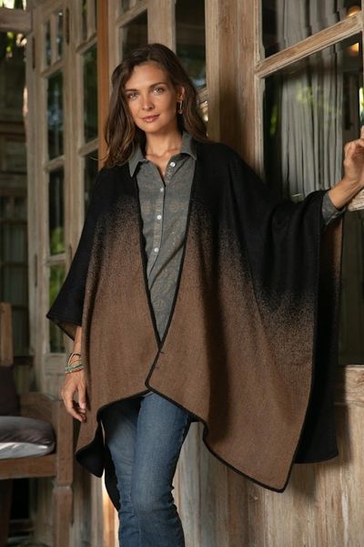 Alternate image for Reversible Alpaca Blend Ruana in Chestnut Brown and Black Andean Vistas in Tan
