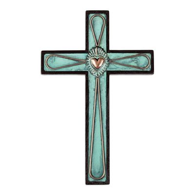 Alternate image for Wood Cross for Wall with Copper and Bronze Accents from Peru Cross and Heart