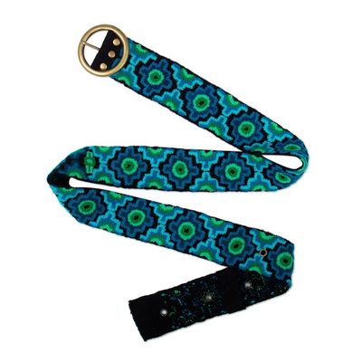Alternate image for Chakana-Themed Turquoise and Green Embroidered Wool Belt Turquoise Worlds