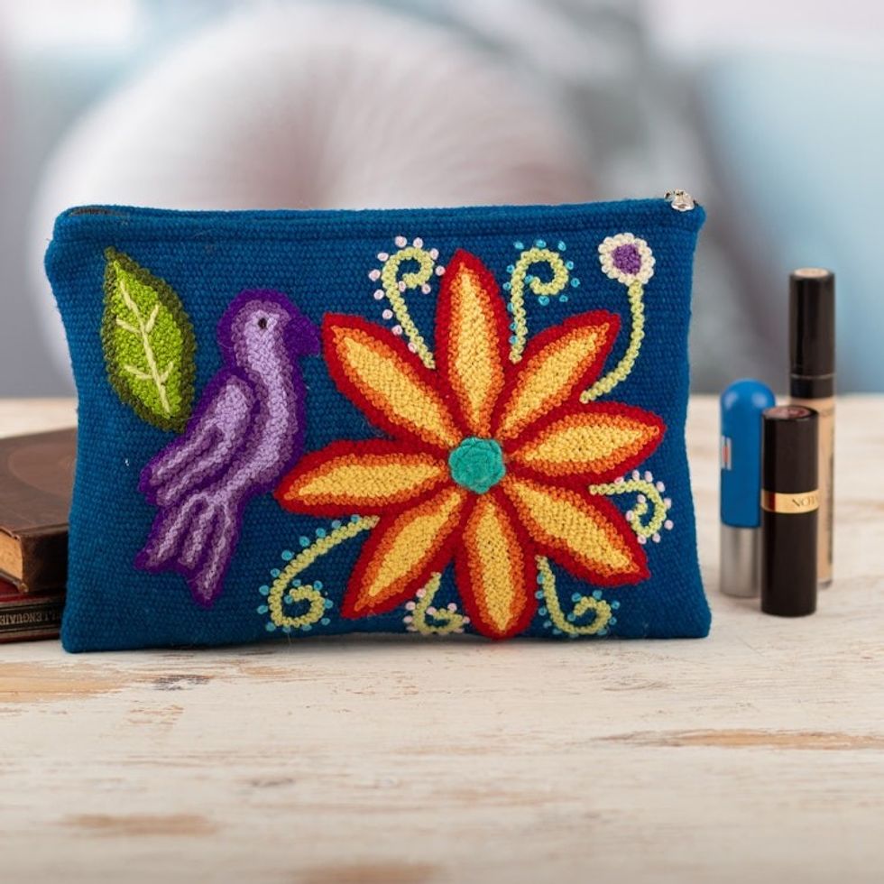 Hand-Woven  Hand-Embroidered Wool Cosmetic Bag with Sparrow 'Andean Sparrow'