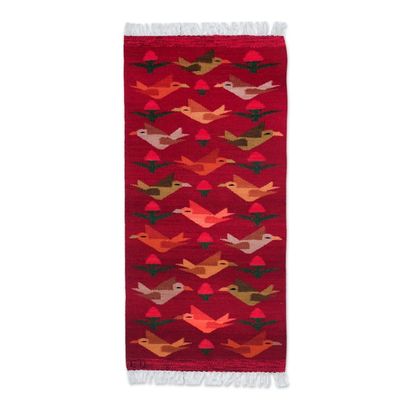 Alternate image for Peruvian Handwoven Red Wool Rug with Birds 2x5 Red Birds on the Wing