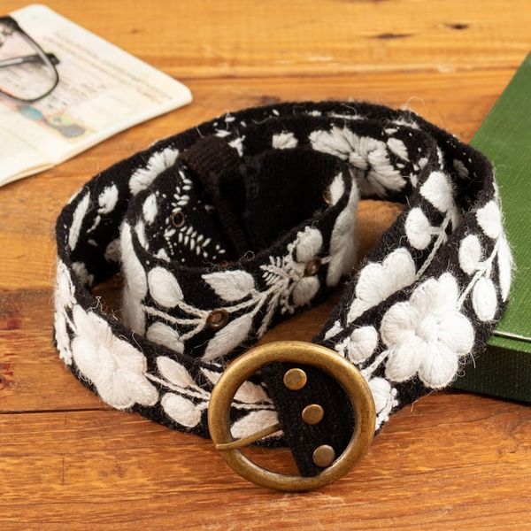 Alternate image for Black  White Hand-Woven  Hand-Embroidered Floral Wool Belt White Flowers