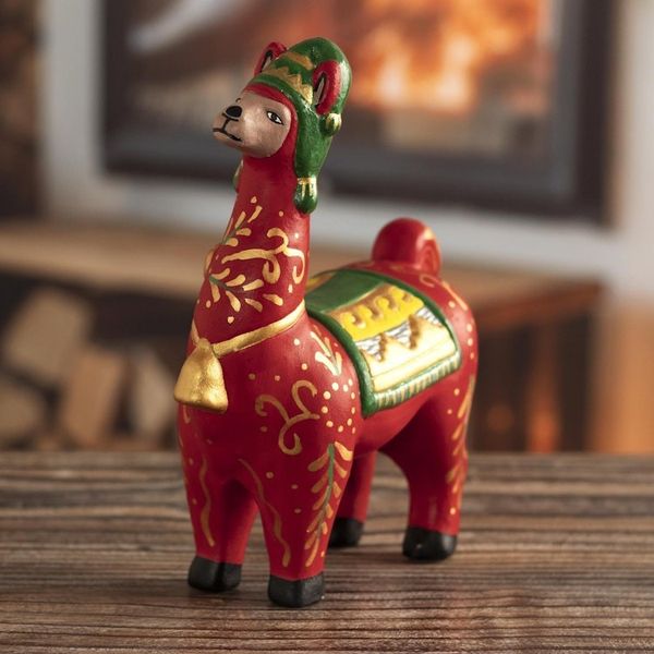 Alternate image for Hand Painted Holiday Llama Sculpture Holiday Llama in Red