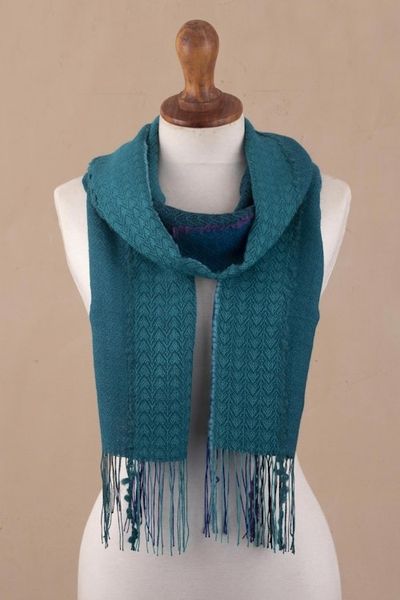 Alternate image for Teal Patterned Baby Alpaca Blend Scarf Peacock Path