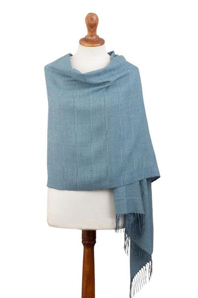 Alternate image for Azure Blue Patterned Handwoven Baby Alpaca Shawl Whispering Azure