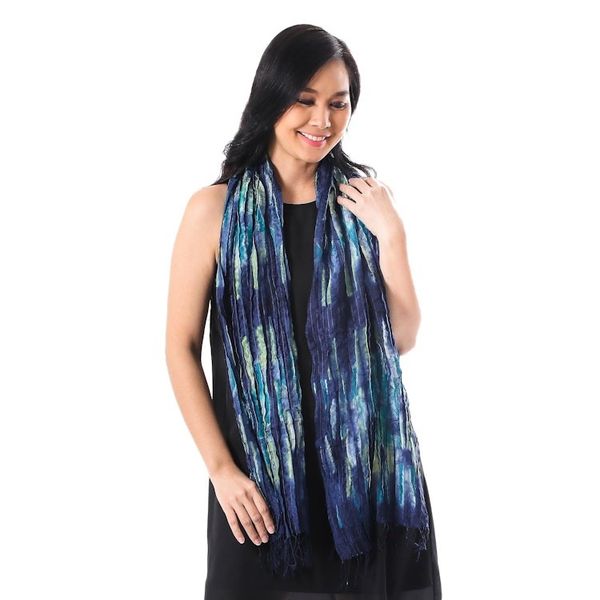 Alternate image for Blue and Green Tie-Dyed Silk Fringed Scarf from Thailand Impressionist Sea
