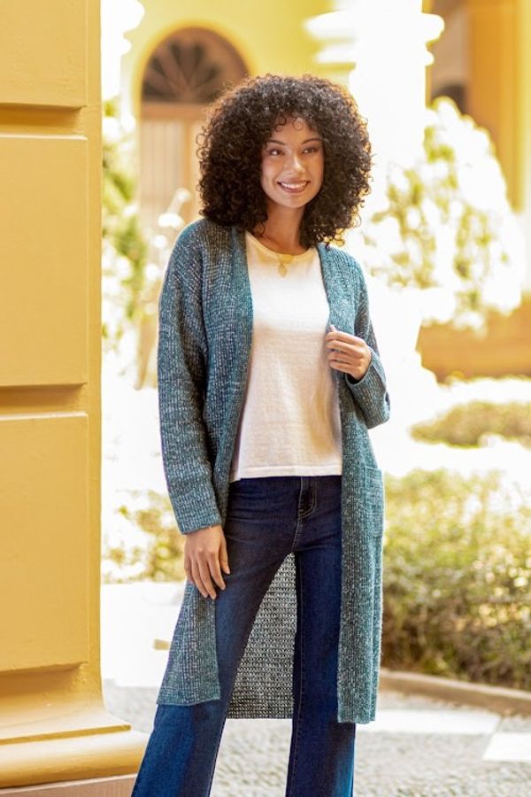 Alternate image for Azure Blue Alpaca Blend Long Sleeve Duster Length Cardigan Mesa Mist
