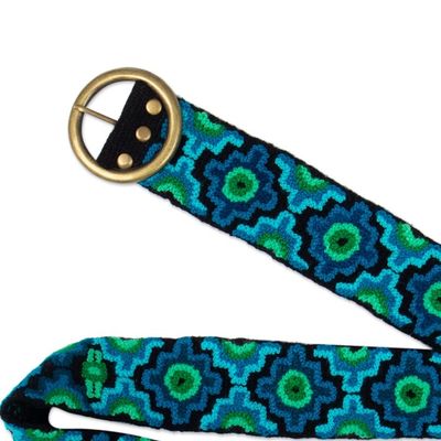 Alternate image for Chakana-Themed Turquoise and Green Embroidered Wool Belt Turquoise Worlds