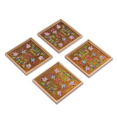 Alternate image for Reverse Painted Glass Floral Coasters from Peru Set of 4 Floral Gold
