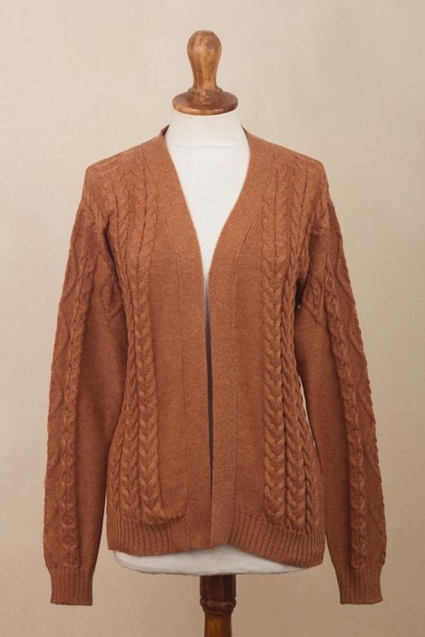 Alternate image for Eco Friendly Cable Knit Open Front Deep Orange Cardigan Ginger Cable Classic