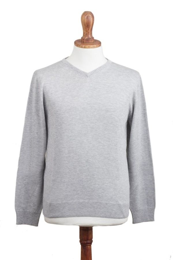 Alternate image for Mens V-Neck Cotton Blend Pullover in Pearl Grey from Peru Warm Adventure in Pearl Grey