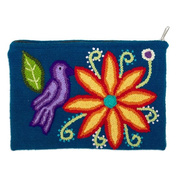 Alternate image for Hand-Woven  Hand-Embroidered Wool Cosmetic Bag with Sparrow Andean Sparrow