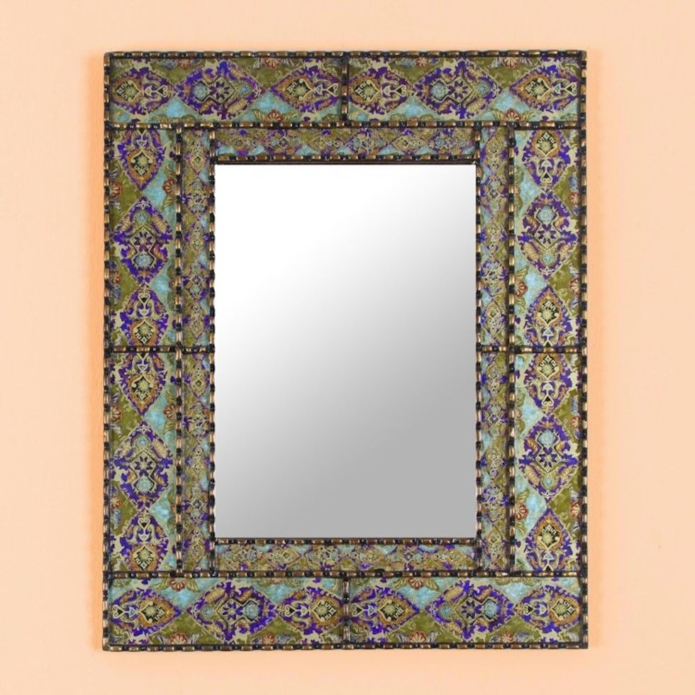 Fair Trade Reverse Painted Glass Wall Mirror from Peru 'Colorful Reflection'