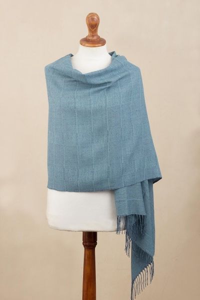 Alternate image for Azure Blue Patterned Handwoven Baby Alpaca Shawl Whispering Azure