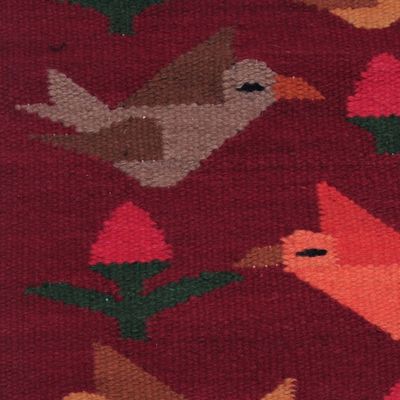 Alternate image for Peruvian Handwoven Red Wool Rug with Birds 2x5 Red Birds on the Wing
