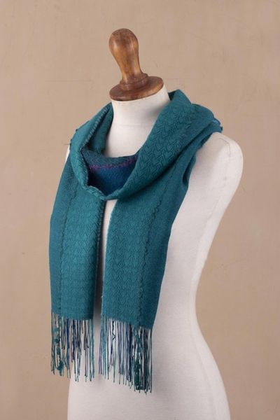 Alternate image for Teal Patterned Baby Alpaca Blend Scarf Peacock Path