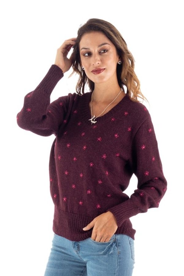 Alternate image for Cordovan 100 Alpaca Sweater with Embroidered Cerise Flowers Cerise Springs